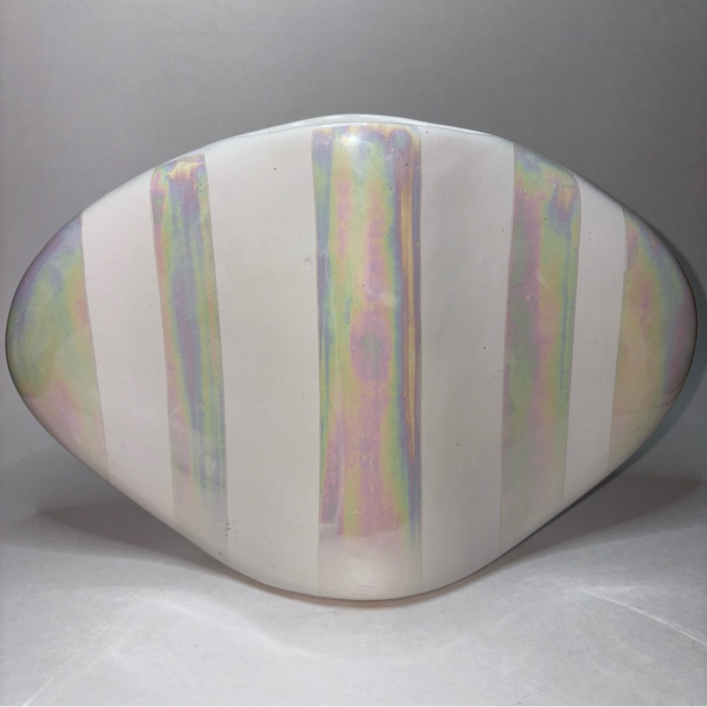 Vintage Abstract Art Pottery Vase White Iridescent Stripes - Alka Malta 11”x7.5”